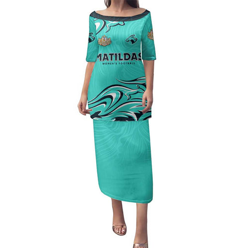 Personalised Australia Soccer Matildas Family Matching Puletasi and Hawaiian Shirt Kangaroo Tornado Turquoise DT02