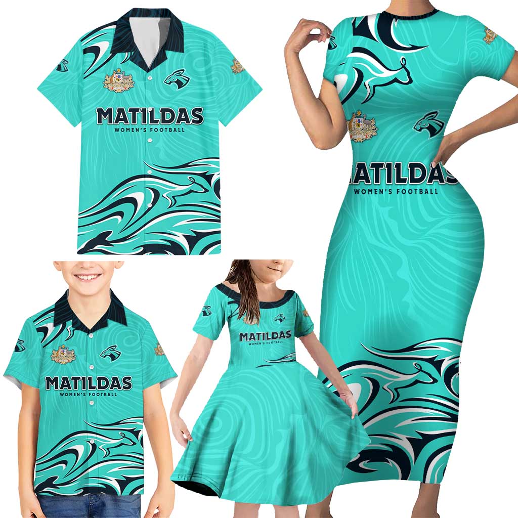 Personalised Australia Soccer Matildas Family Matching Short Sleeve Bodycon Dress and Hawaiian Shirt Kangaroo Tornado Turquoise DT02