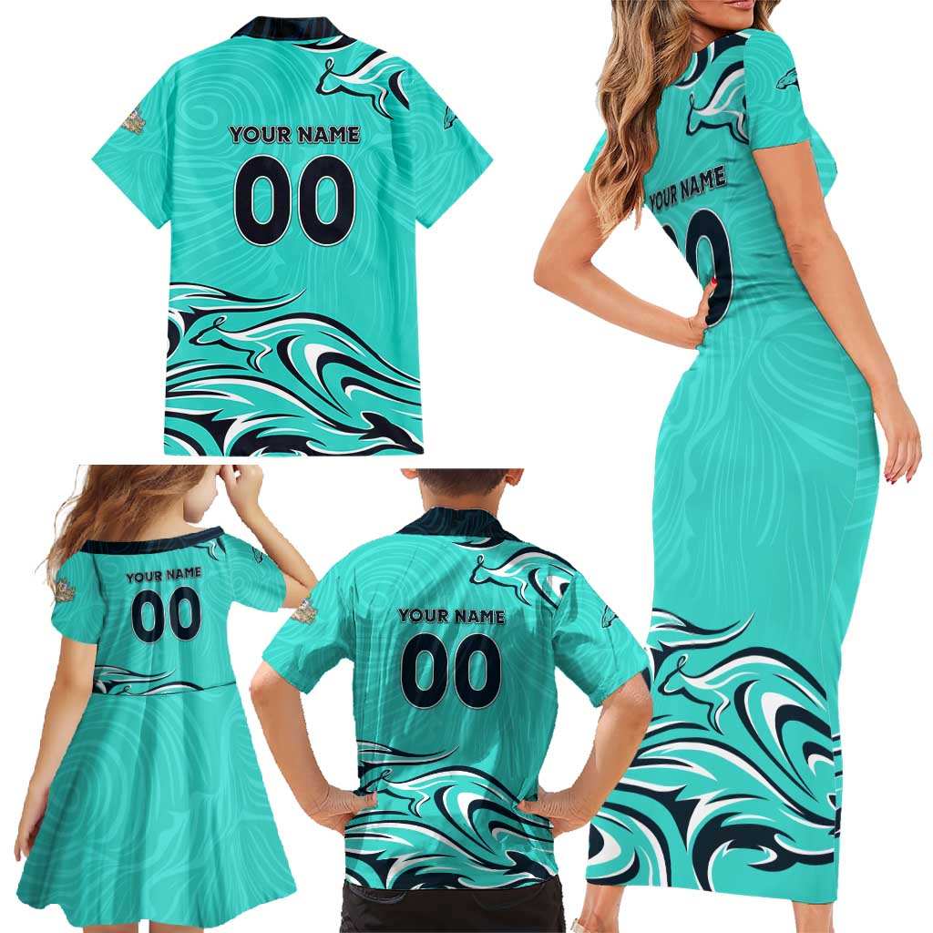 Personalised Australia Soccer Matildas Family Matching Short Sleeve Bodycon Dress and Hawaiian Shirt Kangaroo Tornado Turquoise DT02