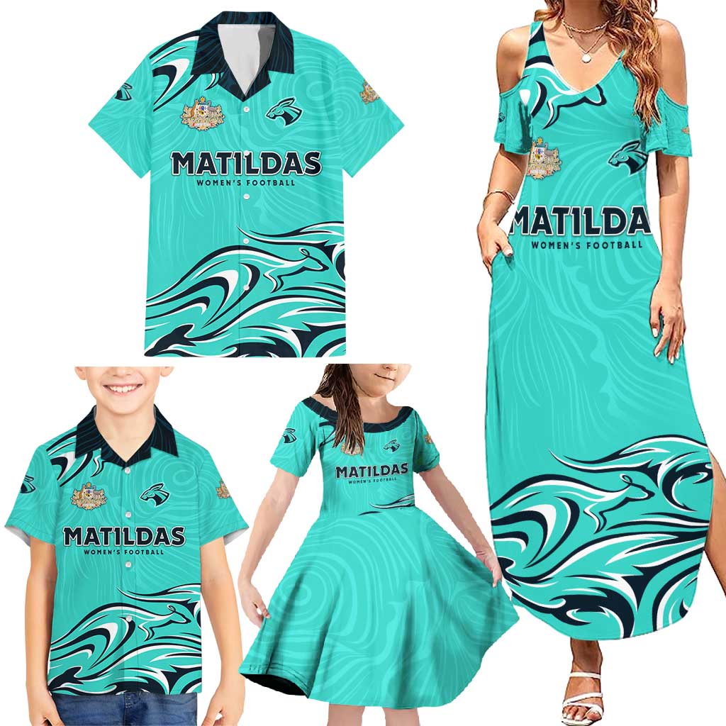 Personalised Australia Soccer Matildas Family Matching Summer Maxi Dress and Hawaiian Shirt Kangaroo Tornado Turquoise DT02
