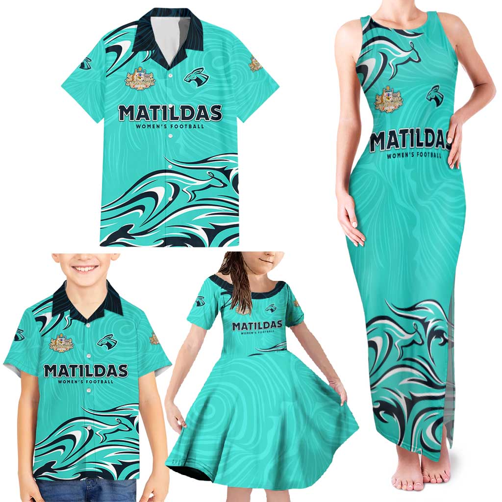 Personalised Australia Soccer Matildas Family Matching Tank Maxi Dress and Hawaiian Shirt Kangaroo Tornado Turquoise DT02