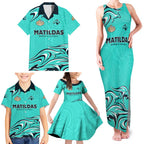 Personalised Australia Soccer Matildas Family Matching Tank Maxi Dress and Hawaiian Shirt Kangaroo Tornado Turquoise DT02