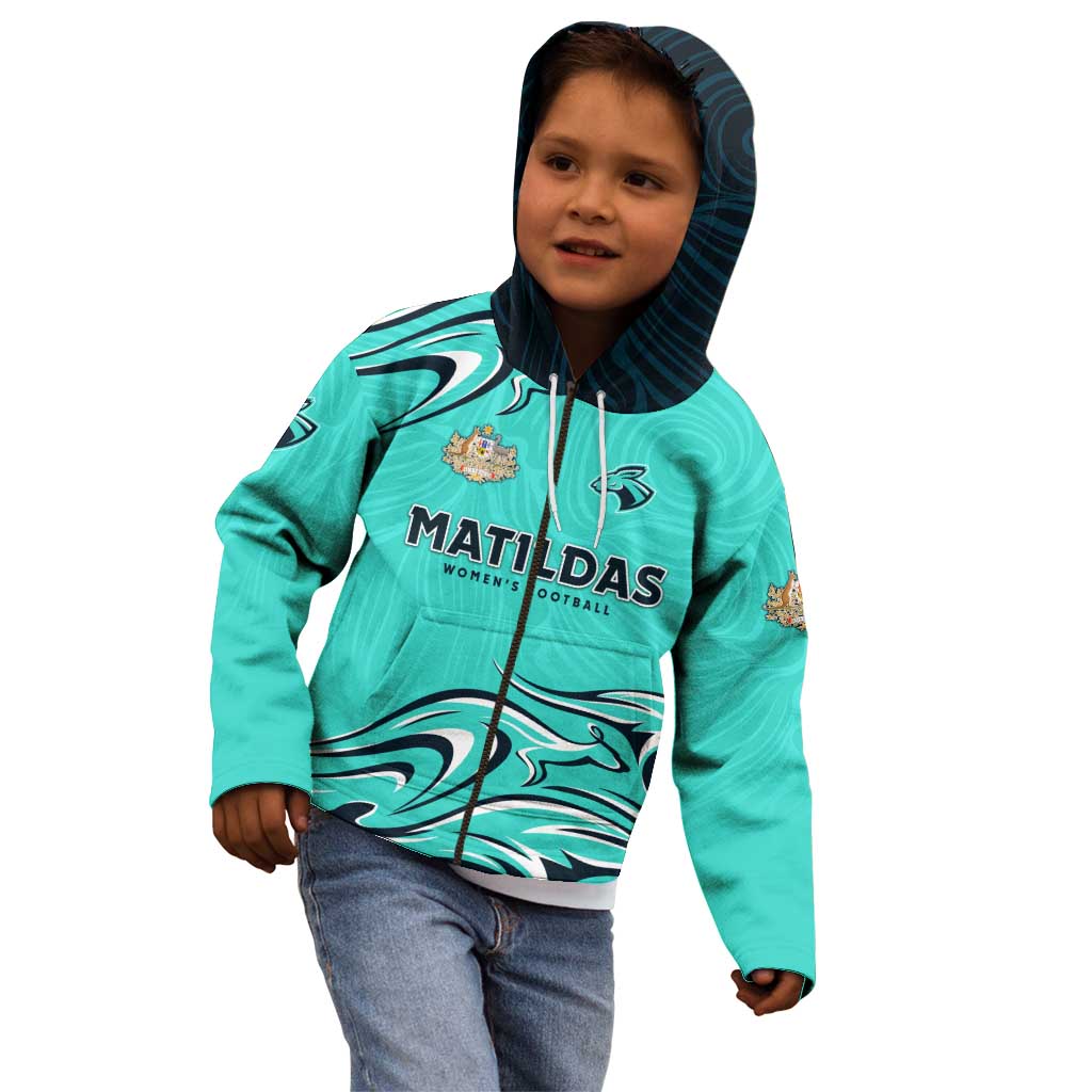 Personalised Australia Soccer Matildas Kid Hoodie Kangaroo Tornado Turquoise DT02