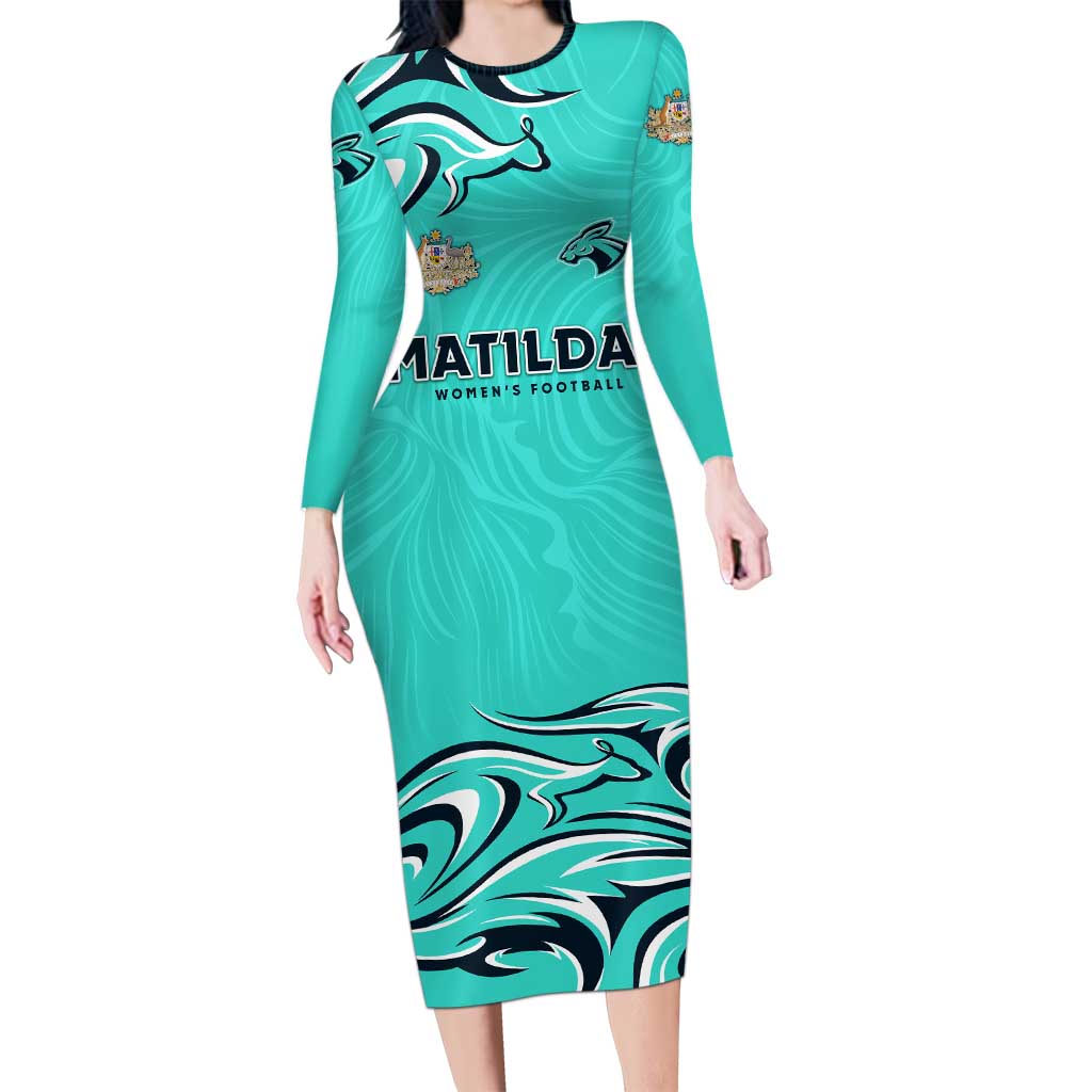 Personalised Australia Soccer Matildas Long Sleeve Bodycon Dress Kangaroo Tornado Turquoise DT02