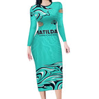 Personalised Australia Soccer Matildas Long Sleeve Bodycon Dress Kangaroo Tornado Turquoise DT02