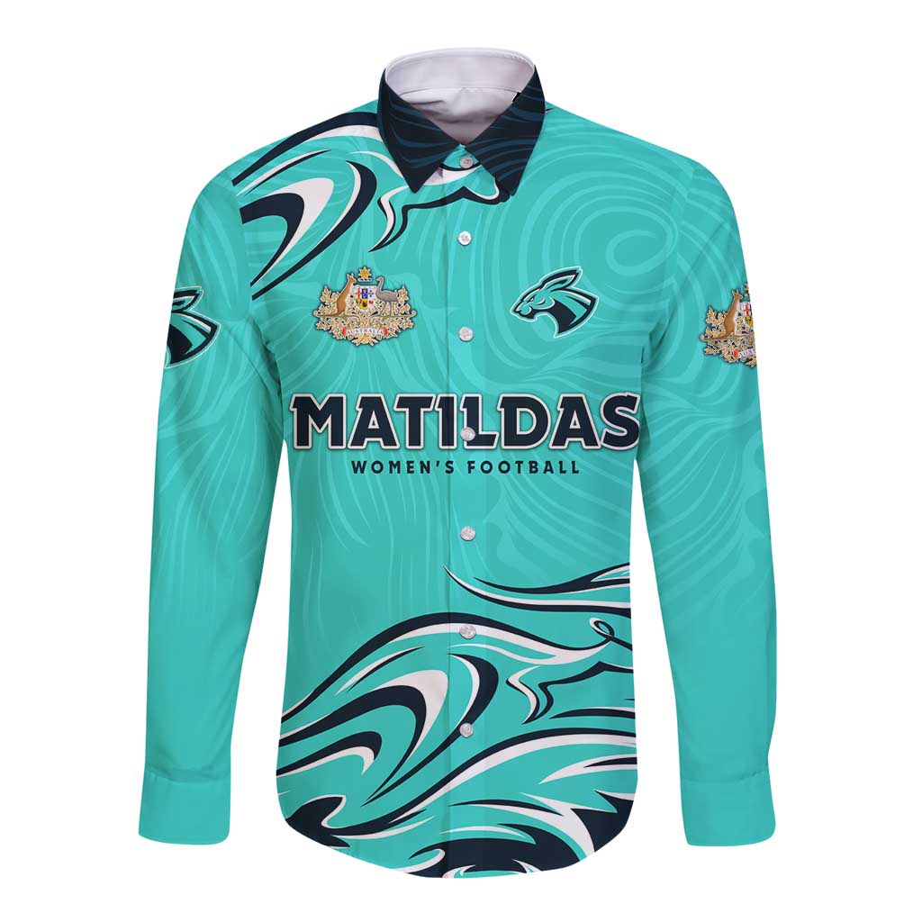 Personalised Australia Soccer Matildas Long Sleeve Button Shirt Kangaroo Tornado Turquoise DT02