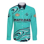 Personalised Australia Soccer Matildas Long Sleeve Button Shirt Kangaroo Tornado Turquoise DT02