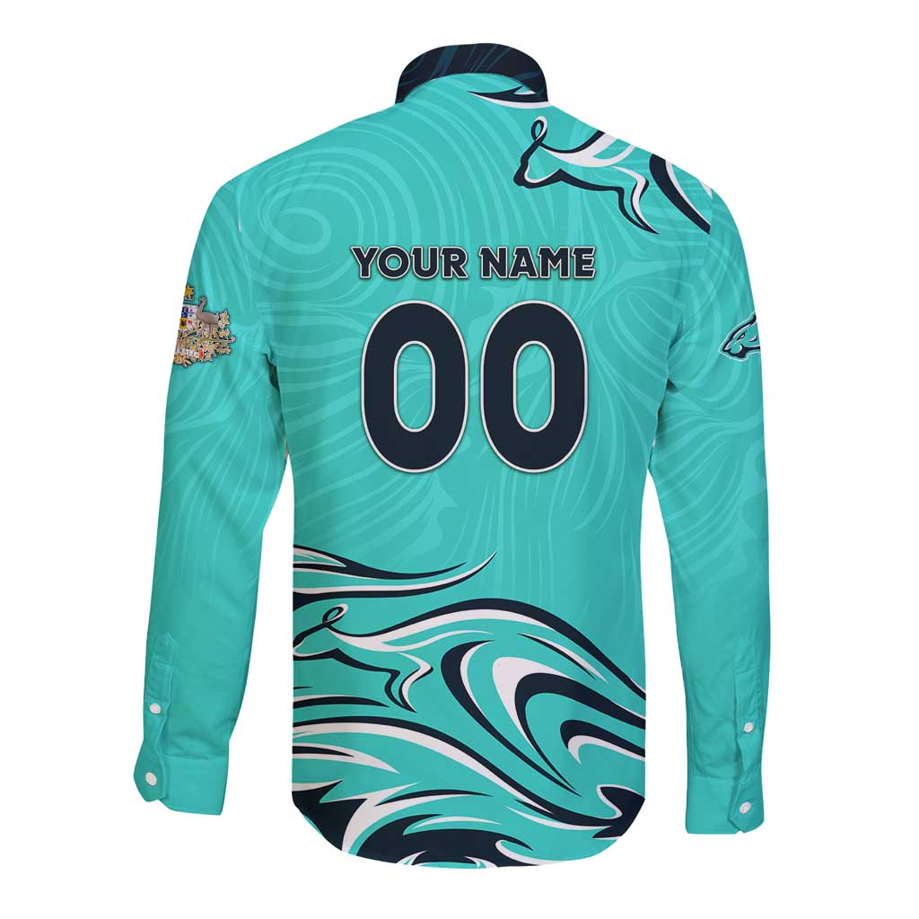 Personalised Australia Soccer Matildas Long Sleeve Button Shirt Kangaroo Tornado Turquoise DT02