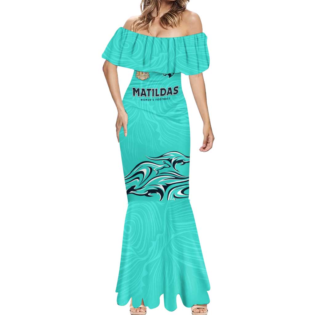 Personalised Australia Soccer Matildas Mermaid Dress Kangaroo Tornado Turquoise DT02