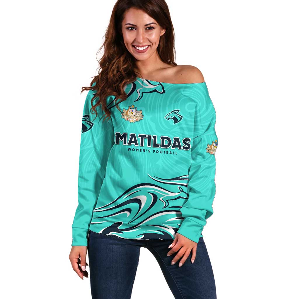 Personalised Australia Soccer Matildas Off Shoulder Sweater Kangaroo Tornado Turquoise DT02