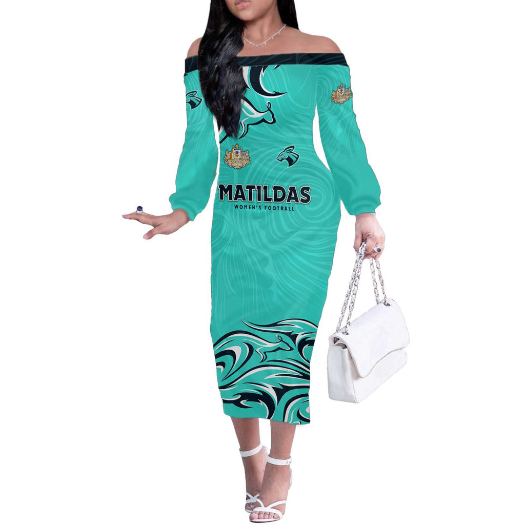Personalised Australia Soccer Matildas Off The Shoulder Long Sleeve Dress Kangaroo Tornado Turquoise DT02