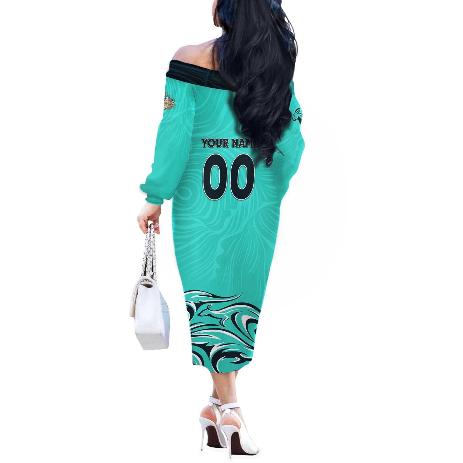 Personalised Australia Soccer Matildas Off The Shoulder Long Sleeve Dress Kangaroo Tornado Turquoise DT02