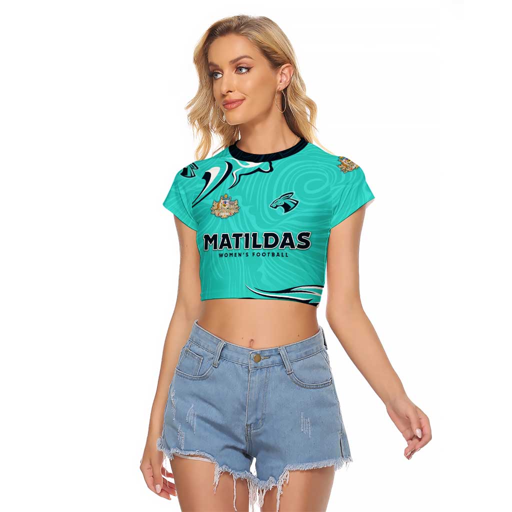 Personalised Australia Soccer Matildas Raglan Cropped T Shirt Kangaroo Tornado Turquoise DT02