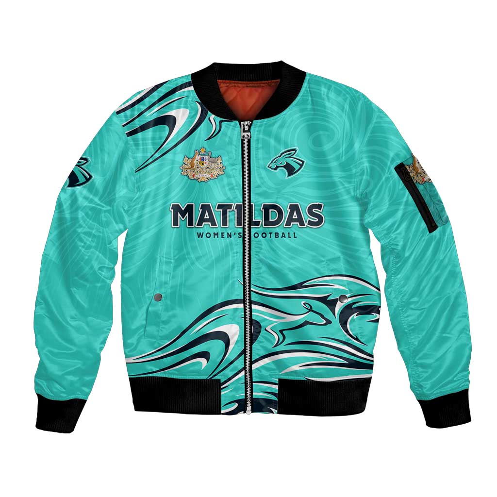 Personalised Australia Soccer Matildas Sleeve Zip Bomber Jacket Kangaroo Tornado Turquoise DT02