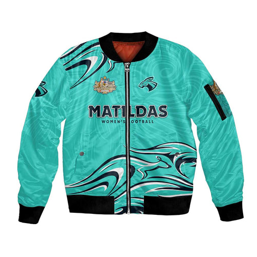 Personalised Australia Soccer Matildas Sleeve Zip Bomber Jacket Kangaroo Tornado Turquoise DT02