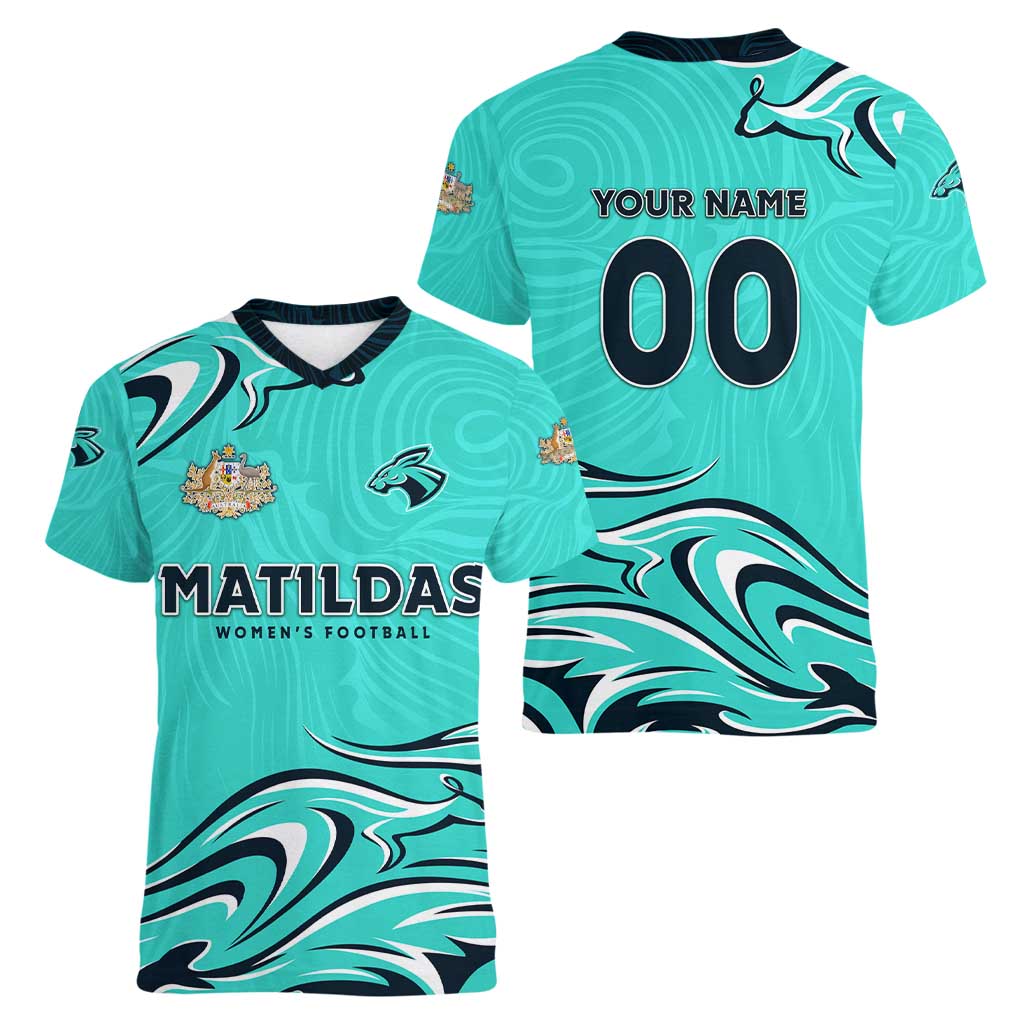 Personalised Australia Soccer Matildas Women V-Neck T-Shirt Kangaroo Tornado Turquoise DT02