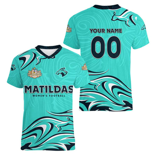 Personalised Australia Soccer Matildas Women V-Neck T-Shirt Kangaroo Tornado Turquoise DT02