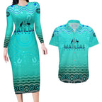 Personalised Australia Matildas Couples Matching Long Sleeve Bodycon Dress and Hawaiian Shirt Tillies Aboriginal Simple Turquoise