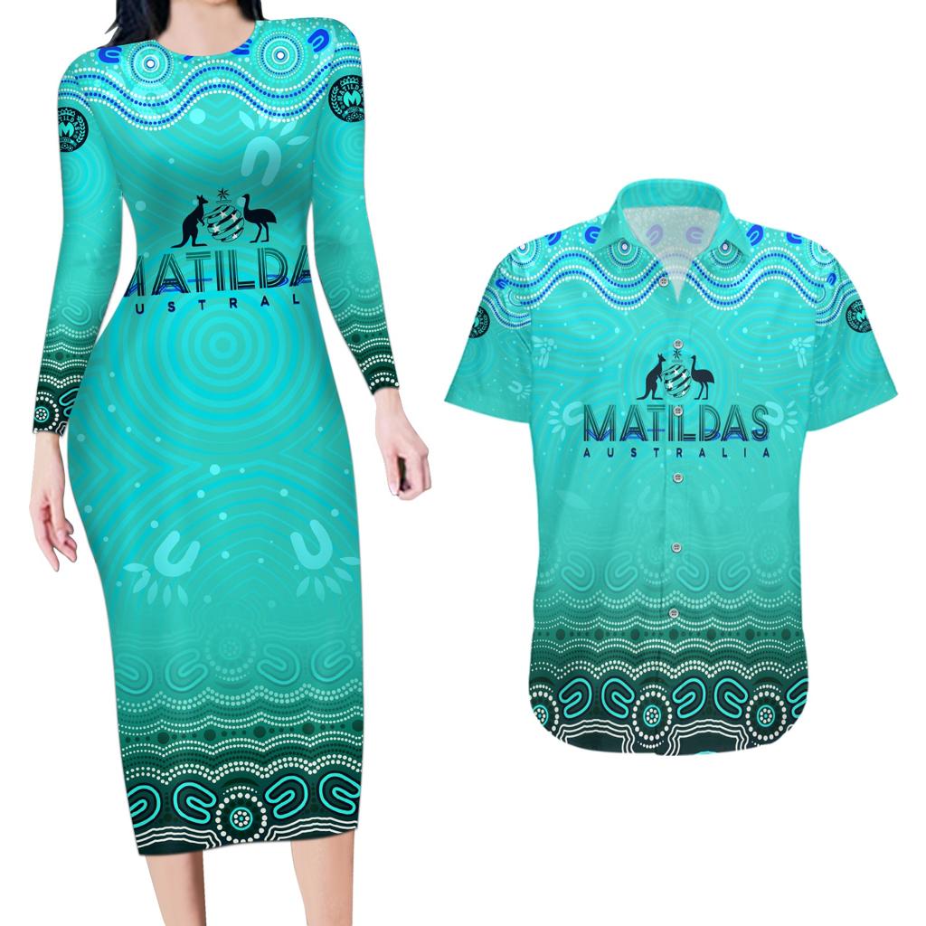 Personalised Australia Matildas Couples Matching Long Sleeve Bodycon Dress and Hawaiian Shirt Tillies Aboriginal Simple Turquoise