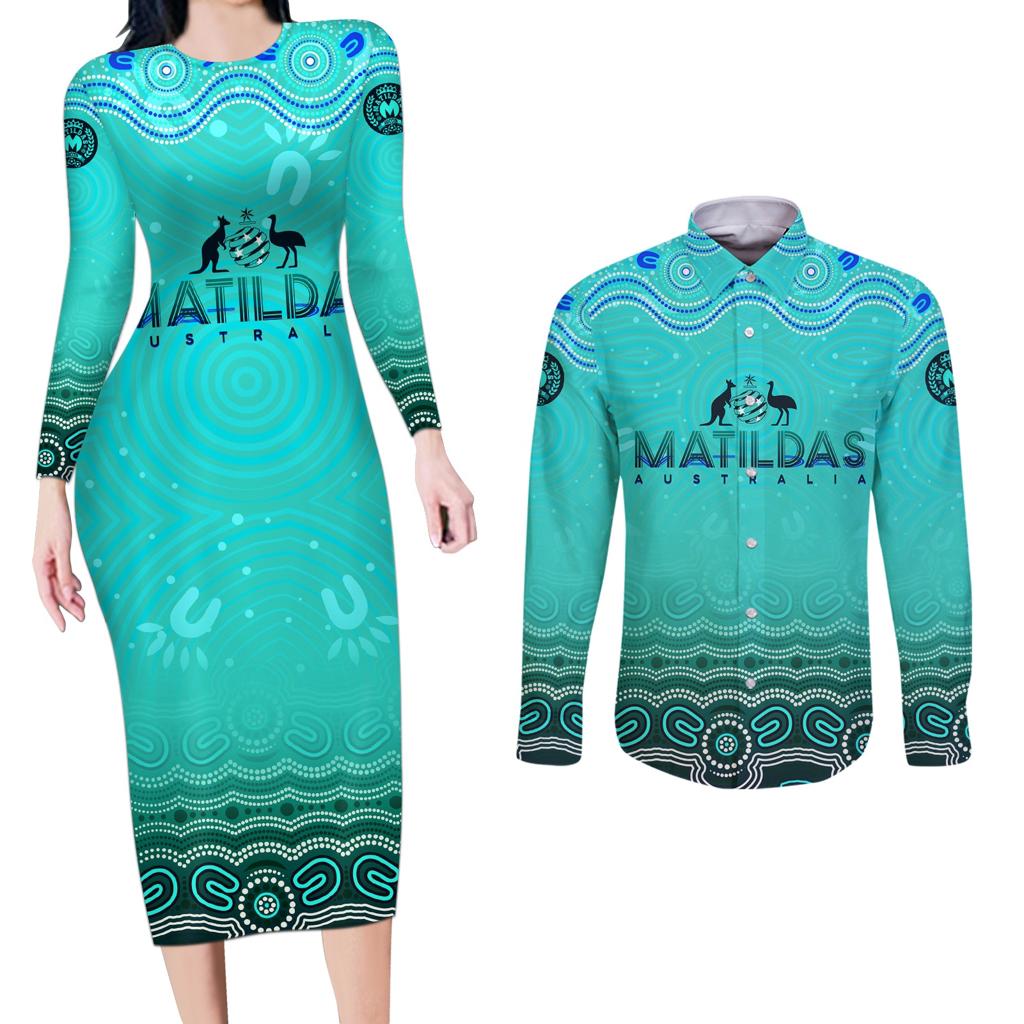 Personalised Australia Matildas Couples Matching Long Sleeve Bodycon Dress and Long Sleeve Button Shirt Tillies Aboriginal Simple Turquoise