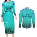 Personalised Australia Matildas Couples Matching Long Sleeve Bodycon Dress and Long Sleeve Button Shirt Tillies Aboriginal Simple Turquoise