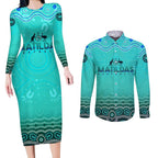 Personalised Australia Matildas Couples Matching Long Sleeve Bodycon Dress and Long Sleeve Button Shirt Tillies Aboriginal Simple Turquoise