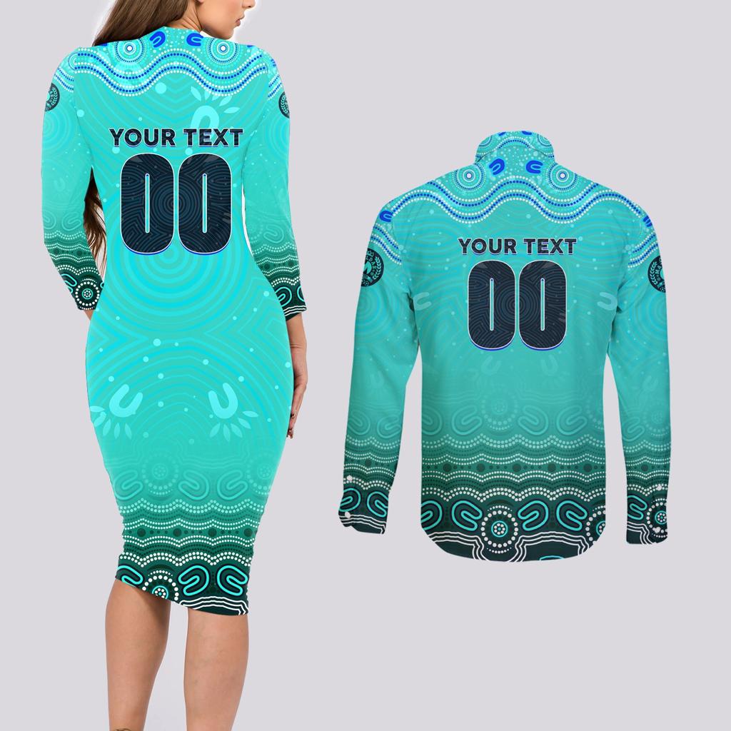 Personalised Australia Matildas Couples Matching Long Sleeve Bodycon Dress and Long Sleeve Button Shirt Tillies Aboriginal Simple Turquoise