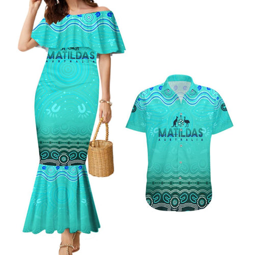 Personalised Australia Matildas Couples Matching Mermaid Dress and Hawaiian Shirt Tillies Aboriginal Simple Turquoise