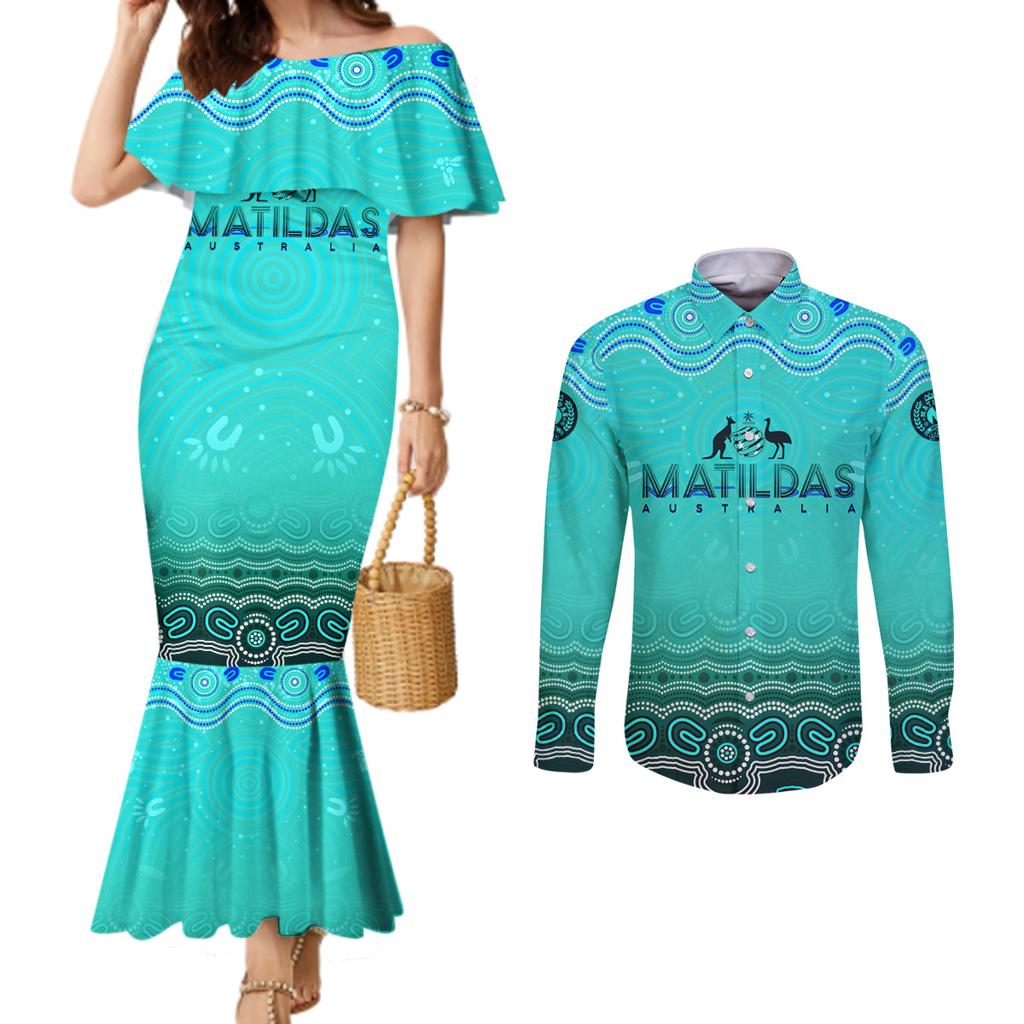 Personalised Australia Matildas Couples Matching Mermaid Dress and Long Sleeve Button Shirt Tillies Aboriginal Simple Turquoise