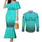 Personalised Australia Matildas Couples Matching Mermaid Dress and Long Sleeve Button Shirt Tillies Aboriginal Simple Turquoise