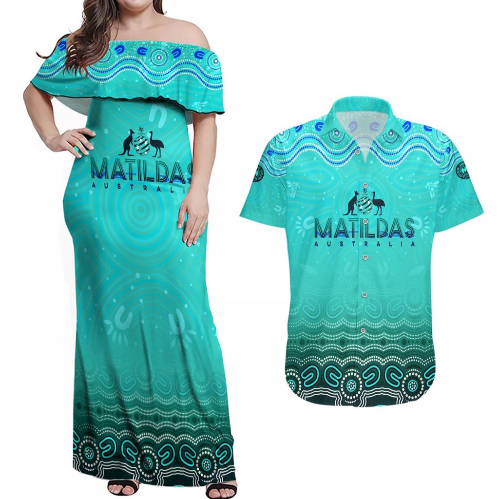 Personalised Australia Matildas Couples Matching Off Shoulder Maxi Dress and Hawaiian Shirt Tillies Aboriginal Simple Turquoise