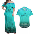 Personalised Australia Matildas Couples Matching Off Shoulder Maxi Dress and Hawaiian Shirt Tillies Aboriginal Simple Turquoise
