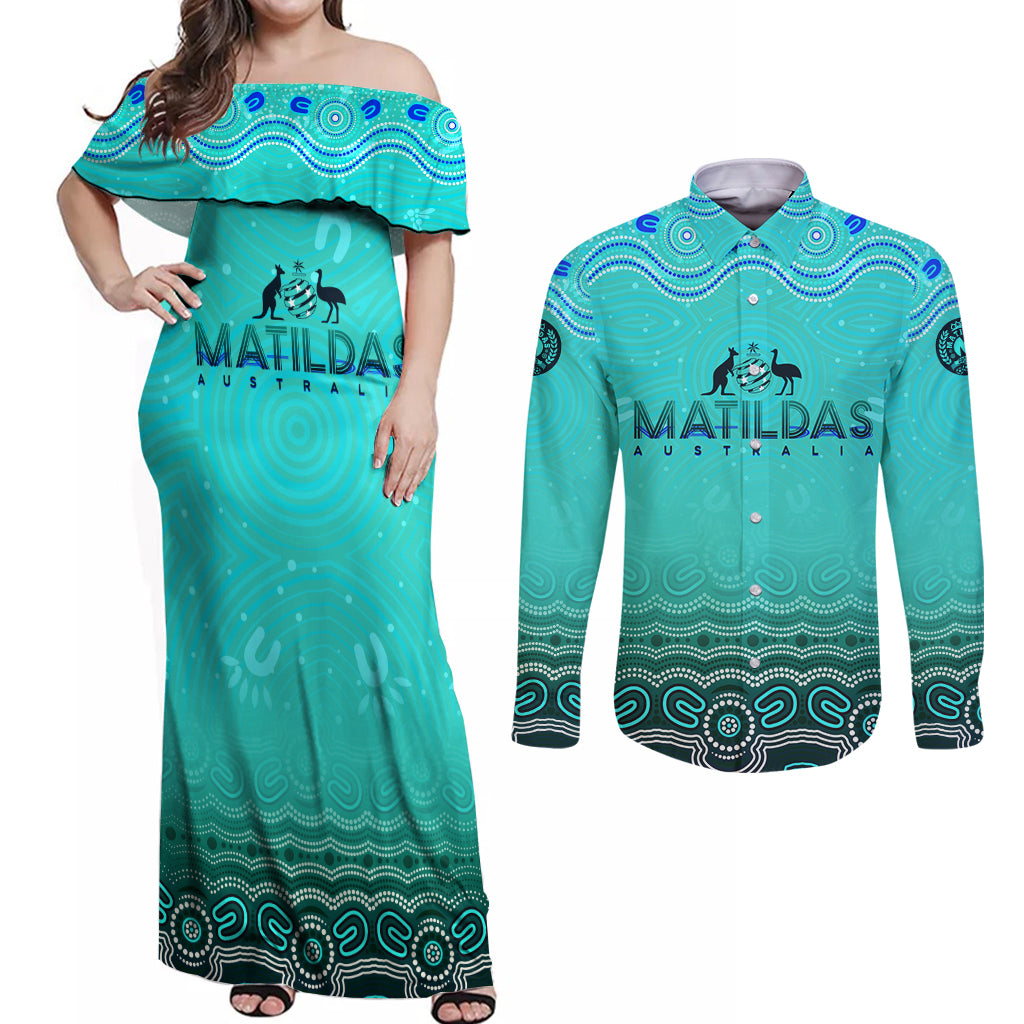 Personalised Australia Matildas Couples Matching Off Shoulder Maxi Dress and Long Sleeve Button Shirt Tillies Aboriginal Simple Turquoise