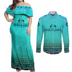 Personalised Australia Matildas Couples Matching Off Shoulder Maxi Dress and Long Sleeve Button Shirt Tillies Aboriginal Simple Turquoise
