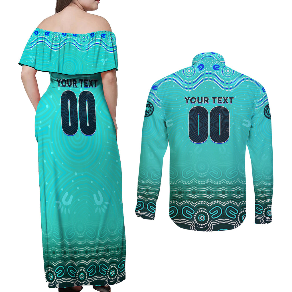 Personalised Australia Matildas Couples Matching Off Shoulder Maxi Dress and Long Sleeve Button Shirt Tillies Aboriginal Simple Turquoise