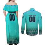 Personalised Australia Matildas Couples Matching Off Shoulder Maxi Dress and Long Sleeve Button Shirt Tillies Aboriginal Simple Turquoise