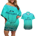 Personalised Australia Matildas Couples Matching Off Shoulder Short Dress and Hawaiian Shirt Tillies Aboriginal Simple Turquoise