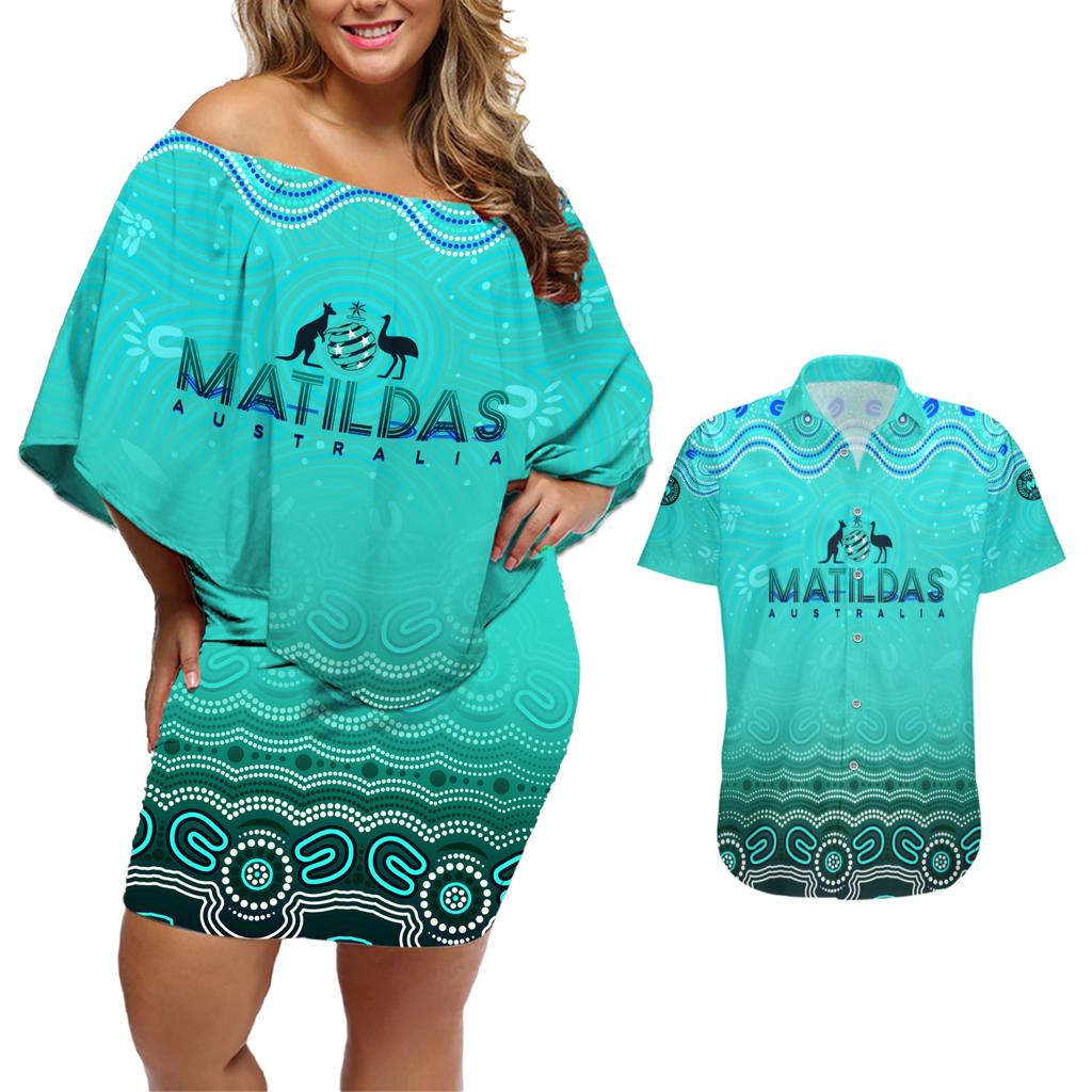 Personalised Australia Matildas Couples Matching Off Shoulder Short Dress and Hawaiian Shirt Tillies Aboriginal Simple Turquoise