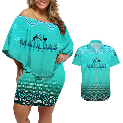 Personalised Australia Matildas Couples Matching Off Shoulder Short Dress and Hawaiian Shirt Tillies Aboriginal Simple Turquoise