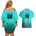 Personalised Australia Matildas Couples Matching Off Shoulder Short Dress and Hawaiian Shirt Tillies Aboriginal Simple Turquoise