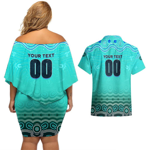 Personalised Australia Matildas Couples Matching Off Shoulder Short Dress and Hawaiian Shirt Tillies Aboriginal Simple Turquoise