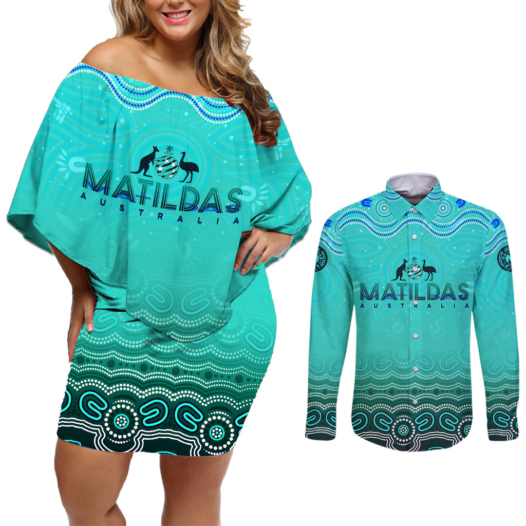 Personalised Australia Matildas Couples Matching Off Shoulder Short Dress and Long Sleeve Button Shirt Tillies Aboriginal Simple Turquoise