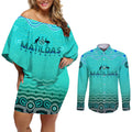 Personalised Australia Matildas Couples Matching Off Shoulder Short Dress and Long Sleeve Button Shirt Tillies Aboriginal Simple Turquoise