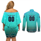 Personalised Australia Matildas Couples Matching Off Shoulder Short Dress and Long Sleeve Button Shirt Tillies Aboriginal Simple Turquoise
