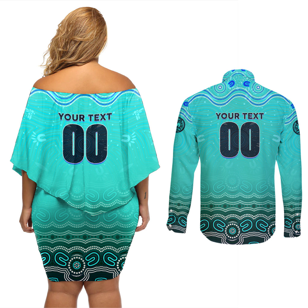 Personalised Australia Matildas Couples Matching Off Shoulder Short Dress and Long Sleeve Button Shirt Tillies Aboriginal Simple Turquoise