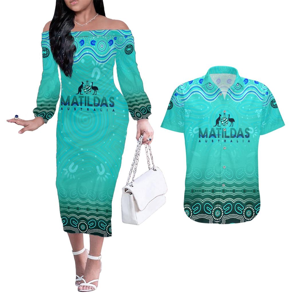 Personalised Australia Matildas Couples Matching Off The Shoulder Long Sleeve Dress and Hawaiian Shirt Tillies Aboriginal Simple Turquoise