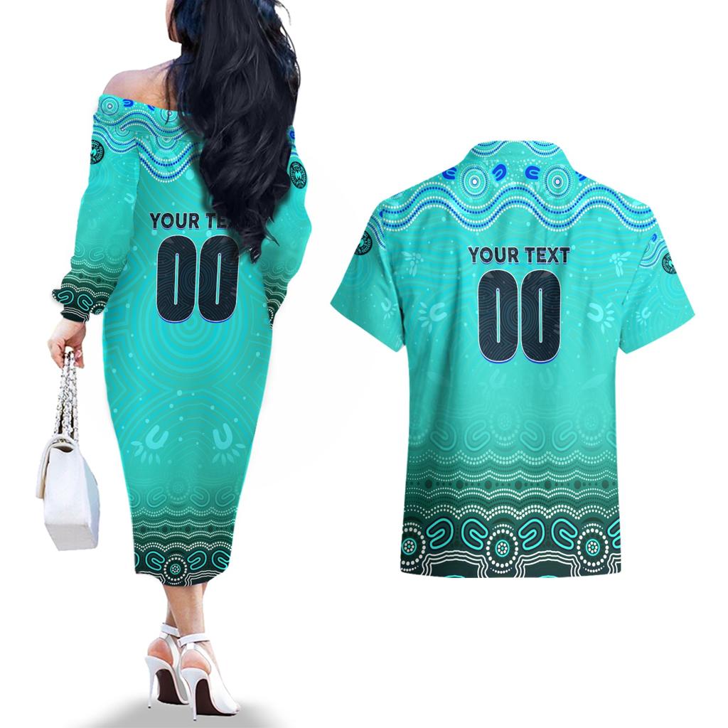Personalised Australia Matildas Couples Matching Off The Shoulder Long Sleeve Dress and Hawaiian Shirt Tillies Aboriginal Simple Turquoise
