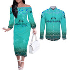 Personalised Australia Matildas Couples Matching Off The Shoulder Long Sleeve Dress and Long Sleeve Button Shirt Tillies Aboriginal Simple Turquoise