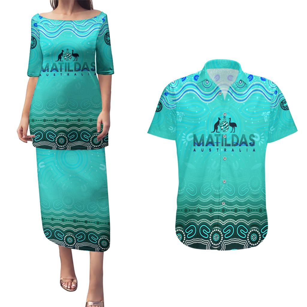 Personalised Australia Matildas Couples Matching Puletasi and Hawaiian Shirt Tillies Aboriginal Simple Turquoise