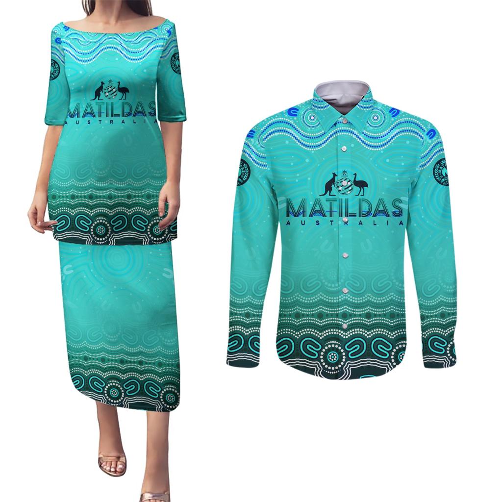 Personalised Australia Matildas Couples Matching Puletasi and Long Sleeve Button Shirt Tillies Aboriginal Simple Turquoise